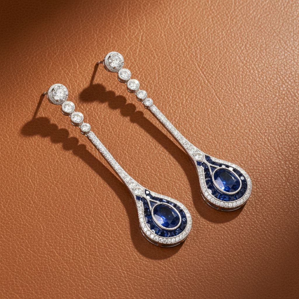 Estate Sapphire and Diamond 18K White Gold Dangle Earrings