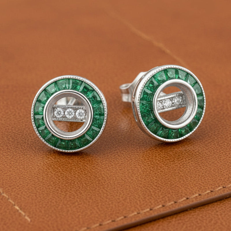 Estate Emerald and Diamond 18K White Gold Semi Mount Earrings