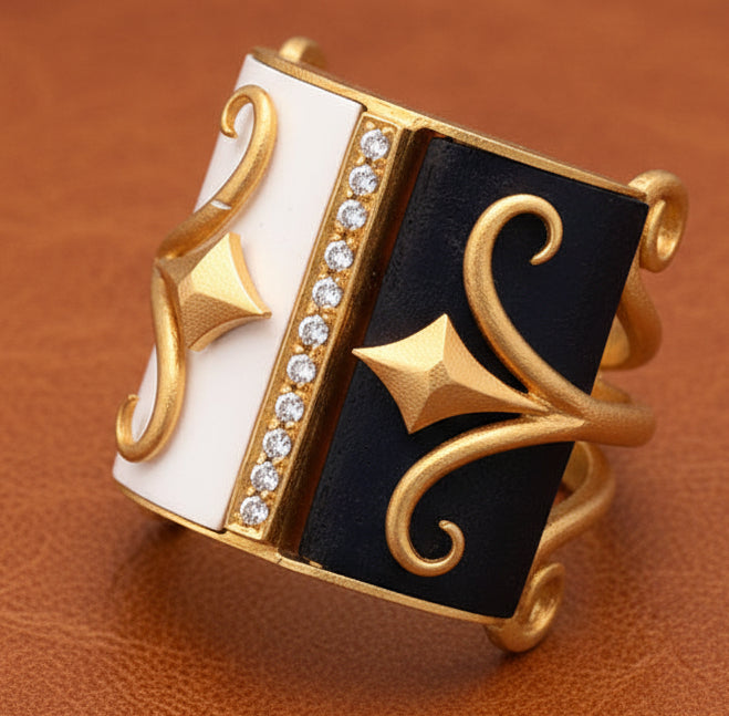 Estate Fibula Diamond and Ceramic 18K Yellow Gold Ring