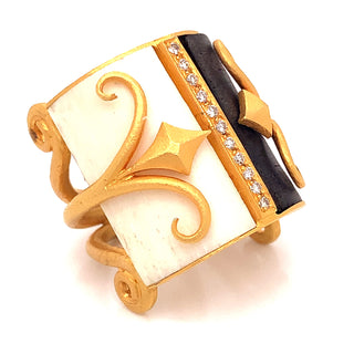 Estate Fibula Diamond and Ceramic 18K Yellow Gold Ring