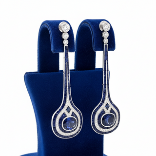 Estate Sapphire and Diamond 18K White Gold Drop Earrings — scale view