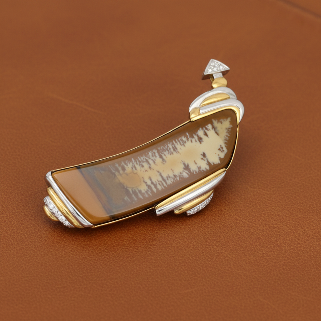 Estate Dagon Gillespey Picture Jasper Diamond Platinum & 18K Yellow Gold Brooch