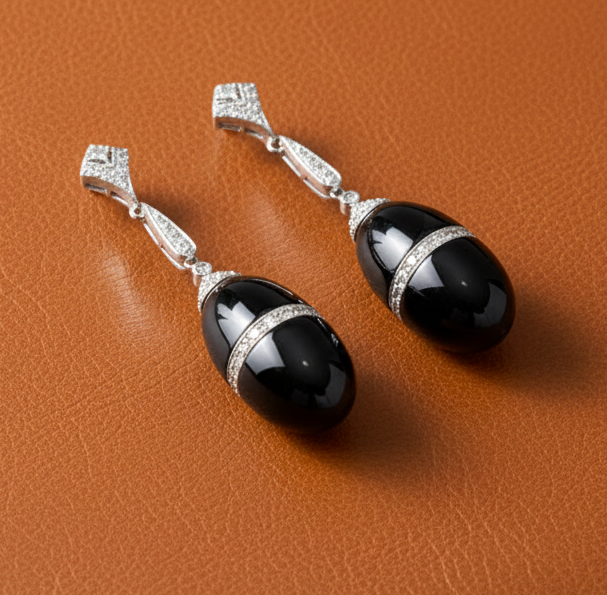 Estate Onyx and Diamond 14K White Gold Earrings