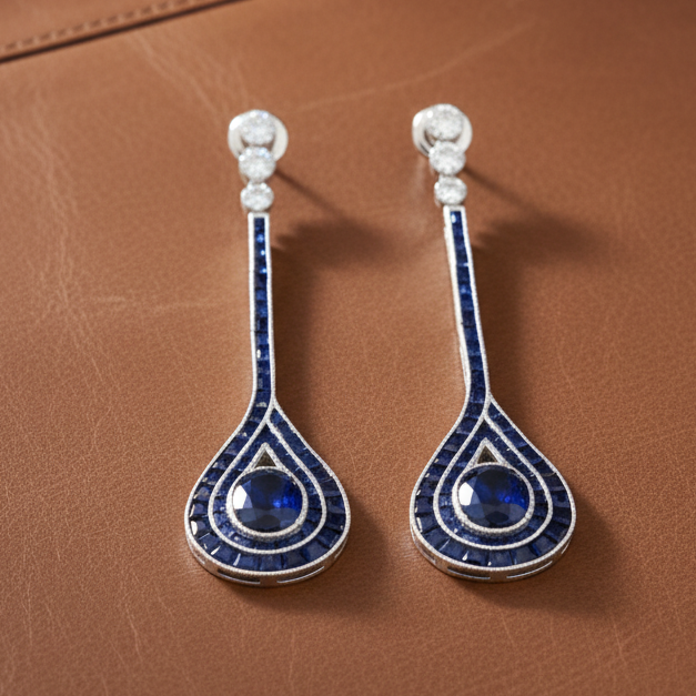 Estate Sapphire and Diamond 14K White Gold Dangle Earrings
