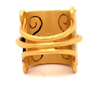 Estate Fibula Diamond and Ceramic 18K Yellow Gold Ring