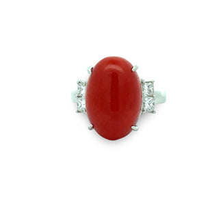 Estate Natural Coral and Diamond Platinum Ring — scale view