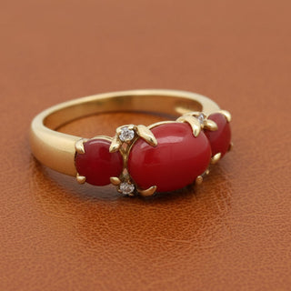 Estate Italian Natural Coral and Diamond 18kt Yellow Gold Ring