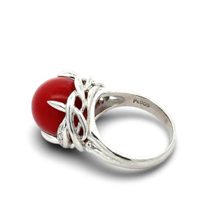 Estate Natural Coral and Diamond Platinum Ring — reverse view