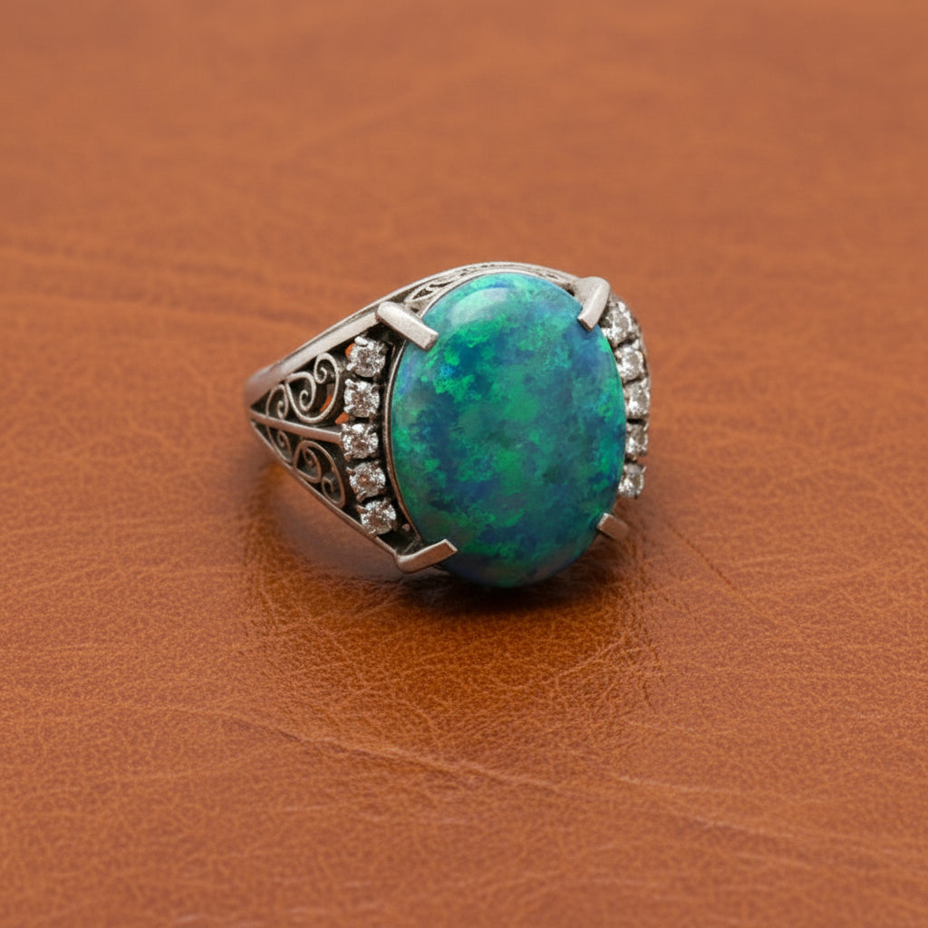 Estate Black Opal and Diamond Platinum Ring
