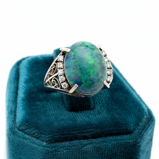 Estate Black Opal and Diamond Platinum Ring — side view
