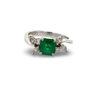 Estate Designer Sena Emerald and Diamond Platinum Ring — detail view
