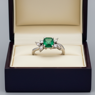 Estate Designer Sena Emerald and Diamond Platinum Ring — side view