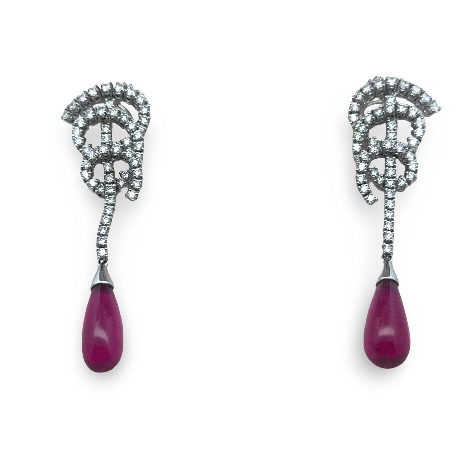 Estate Designer Bergio Diamond and Rubellite 18kt White Gold Earrings — side view