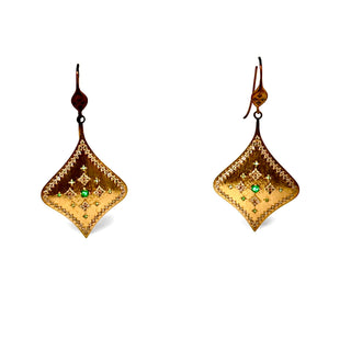 Estate 1990's Brush Finish Diamond and Emerald 18k Yellow Gold Earrings — scale view