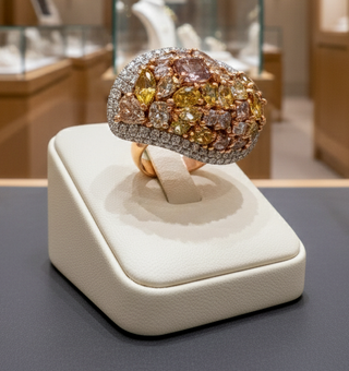 Estate Modern Natural Fancy Yellow, Pink and White Diamond 18K White Gold Ring. — detail view