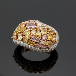 Estate Modern Natural Fancy Yellow, Pink and White Diamond 18K White Gold Ring. — side view