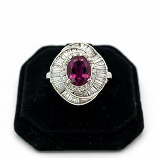 Estate 1970's Modern Ruby and Diamond Platinum Ring — detail view