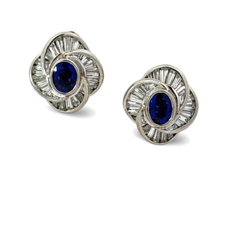 Estate Modern 1970's No Heat Fine Sapphire and Diamond Platinum Earrings — scale view