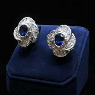 Estate Modern 1970's No Heat Fine Sapphire and Diamond Platinum Earrings — side view