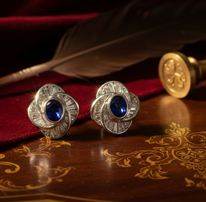 Estate Modern 1970's No Heat Fine Sapphire and Diamond Platinum Earrings