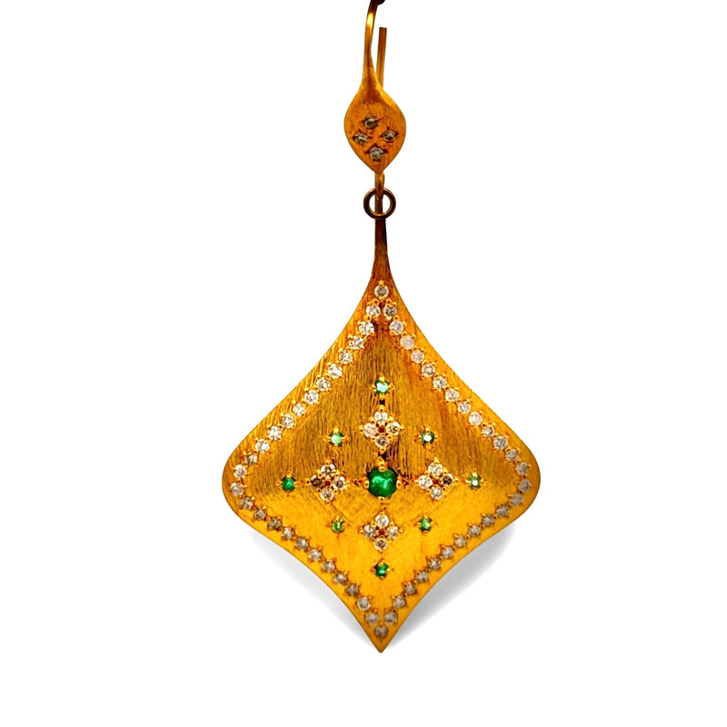 Estate 1990's Brush Finish Diamond and Emerald 18k Yellow Gold Earrings — side view