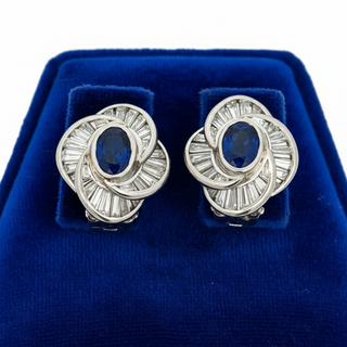 Estate Modern 1970's No Heat Fine Sapphire and Diamond Platinum Earrings — detail view