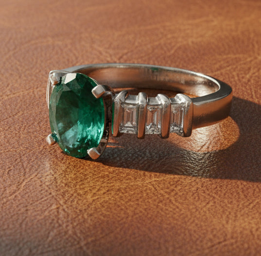 Estate Oval Emerald and Diamond Platinum Ring