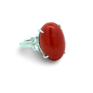 Estate Natural Coral and Diamond Platinum Ring — detail view