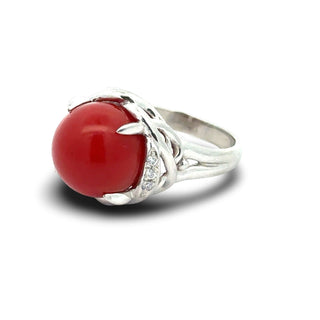 Estate Natural Coral and Diamond Platinum Ring — detail view