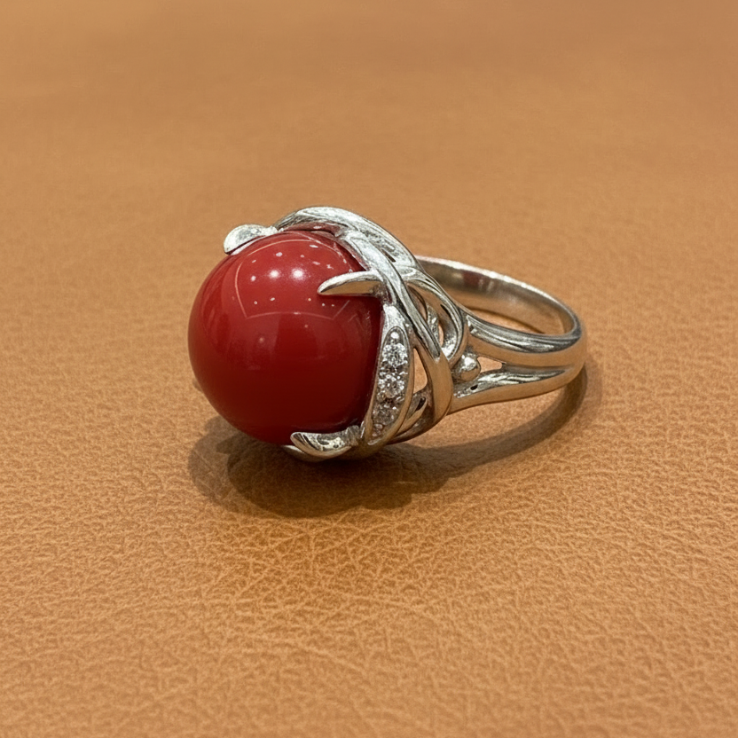 Estate Natural Coral and Diamond Platinum Ring
