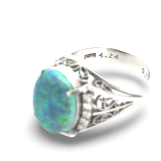 Estate Black Opal and Diamond Platinum Ring — reverse view
