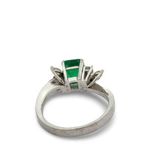 Estate Designer Sena Emerald and Diamond Platinum Ring — reverse view
