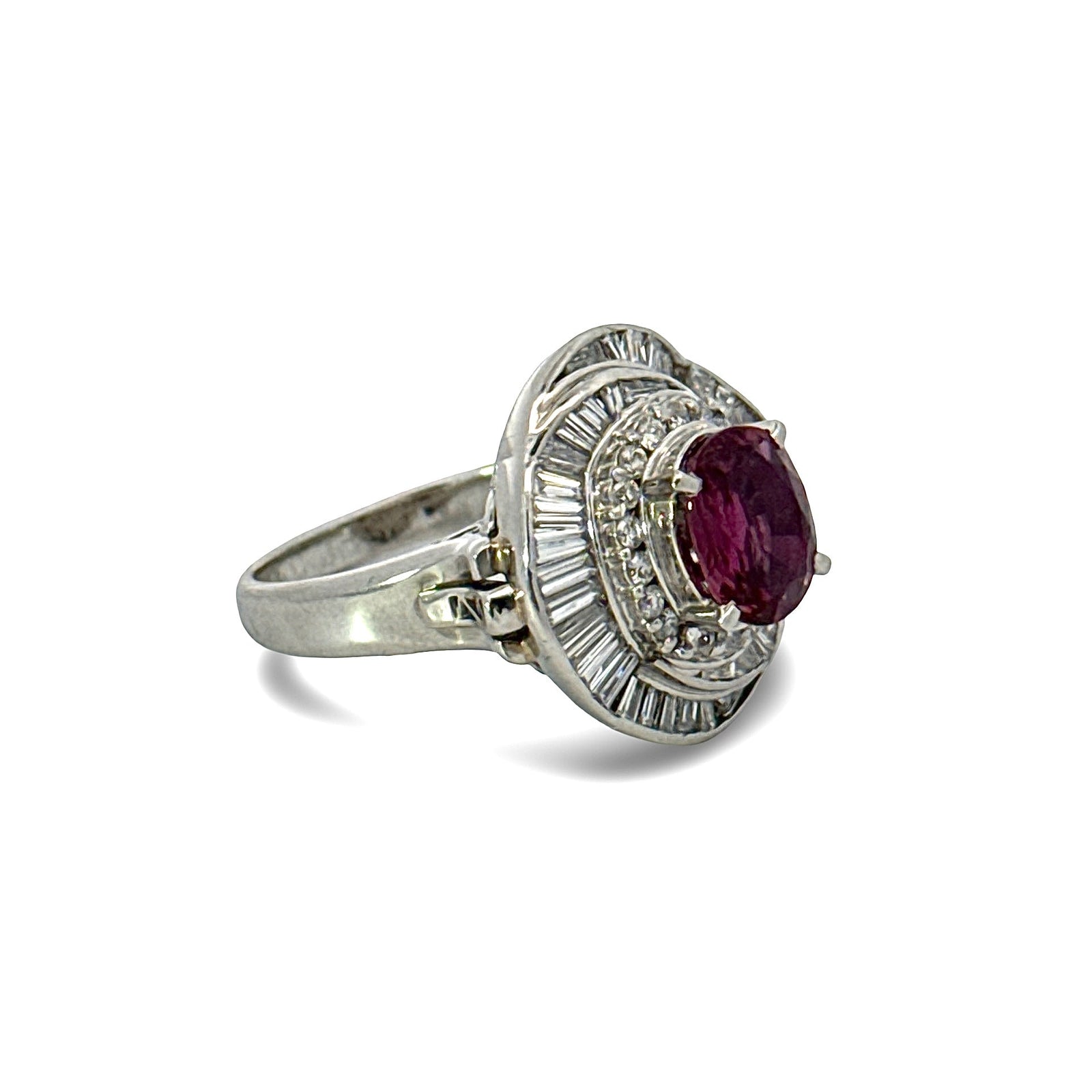 Estate 1970's Modern Ruby and Diamond Platinum Ring — scale view