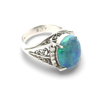 Estate Black Opal and Diamond Platinum Ring — scale view