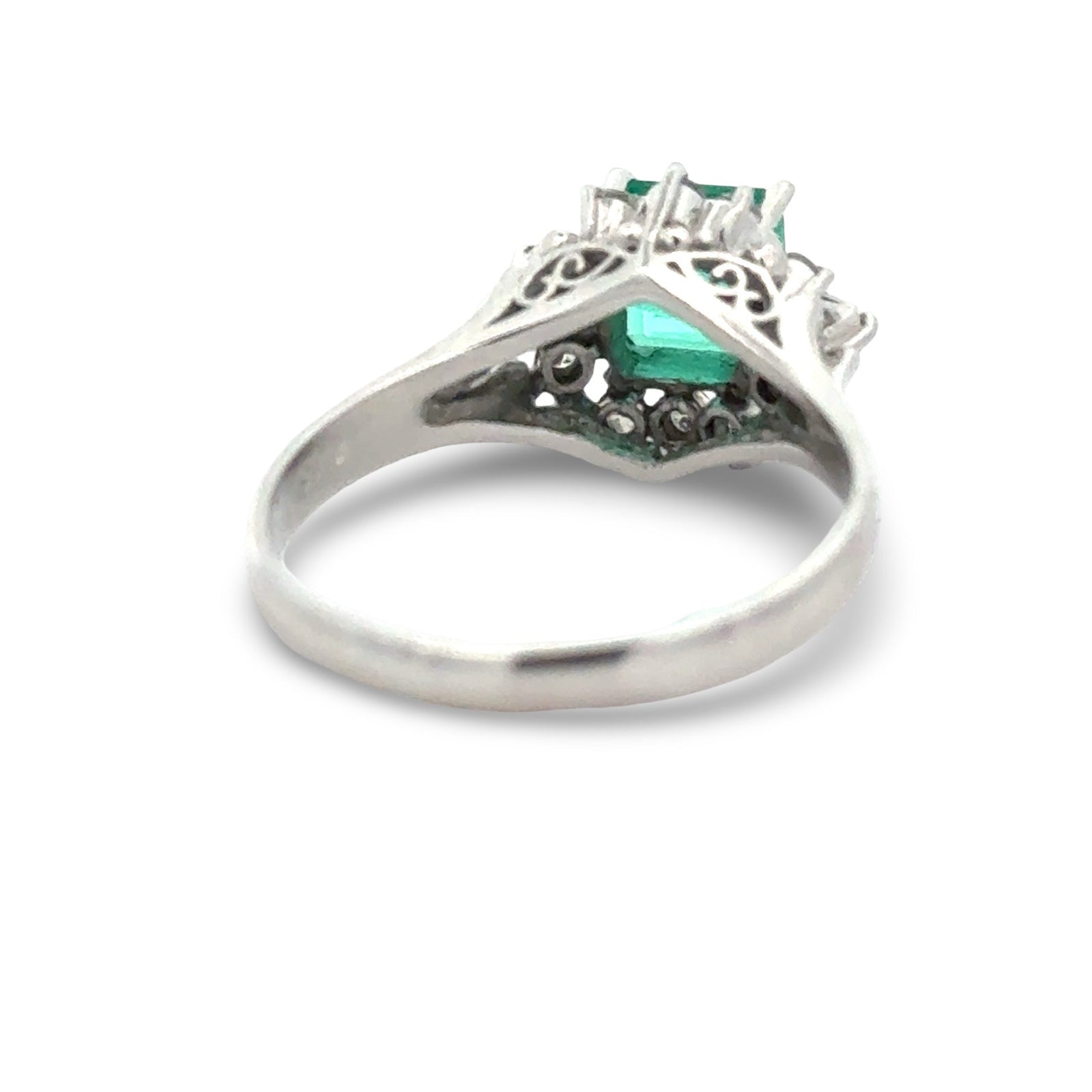 Estate Fine Emerald and Diamond Platinum Ring — reverse view