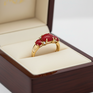 Estate Italian Natural Coral and Diamond 18kt Yellow Gold Ring — side view
