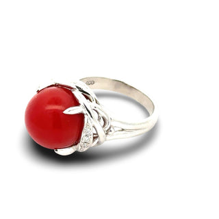Estate Natural Coral and Diamond Platinum Ring — scale view
