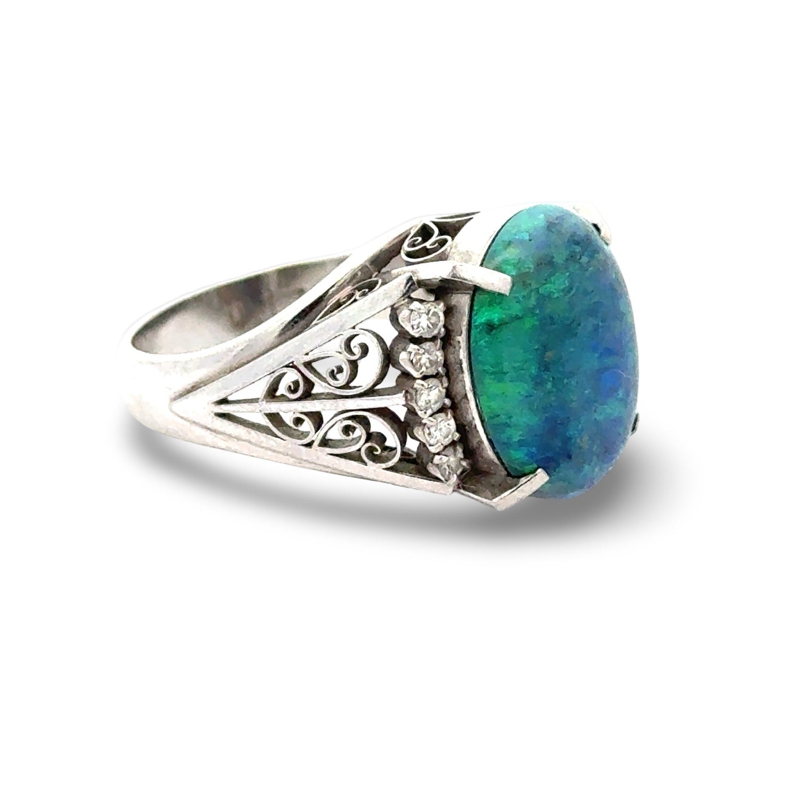 Estate Black Opal and Diamond Platinum Ring — detail view