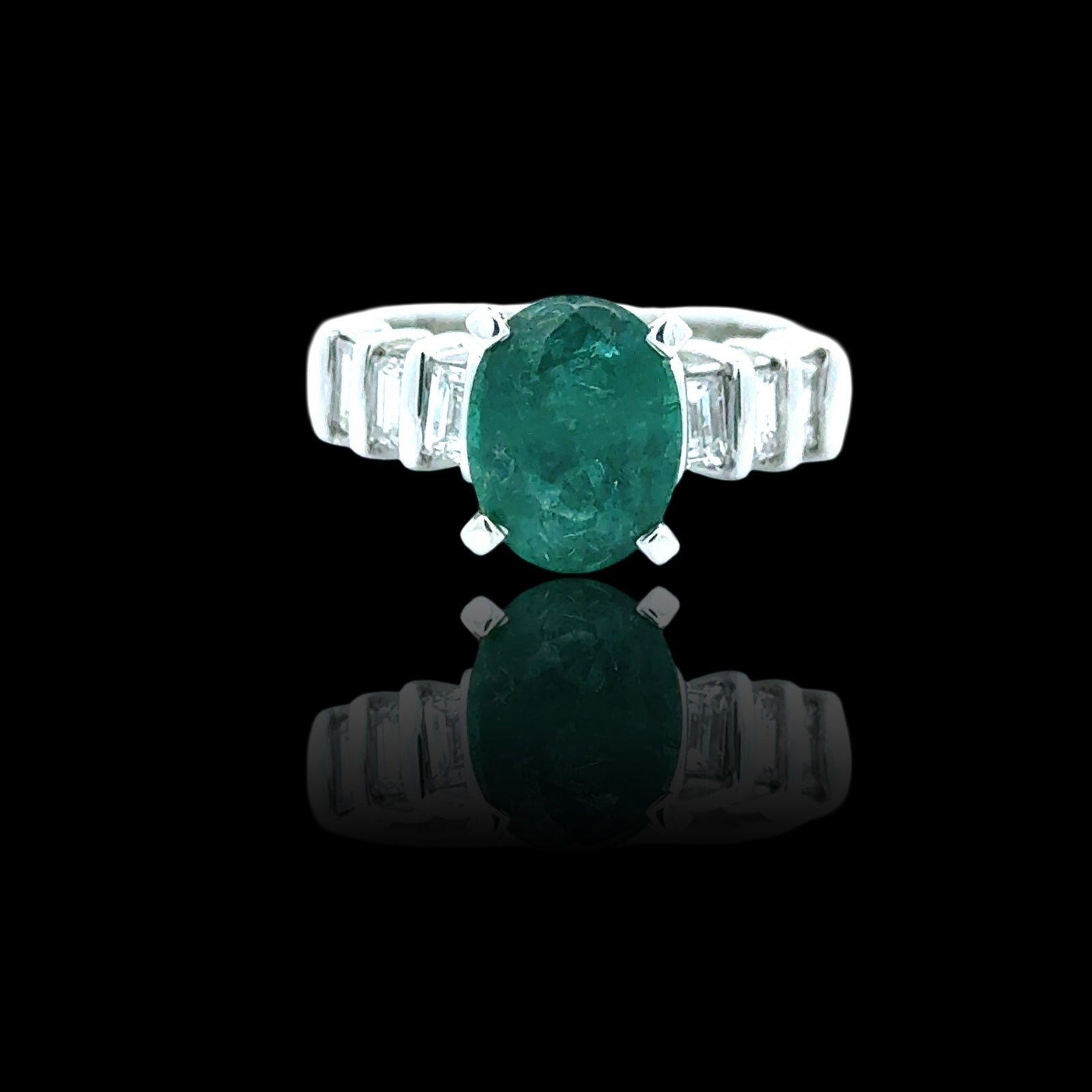 Estate Oval Emerald and Diamond Platinum Ring — detail view